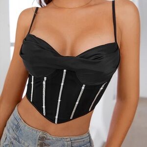 Rhinestones Black Corset Top with Straps